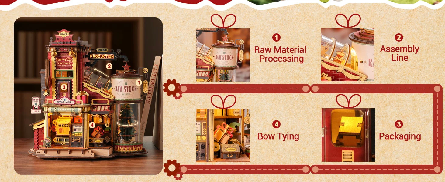 ROKR Dream Gift Factory 3D Wooden Puzzles Wooden Music Box Christmas Wooden Model Kits Build Best Gifts for Kids Adults