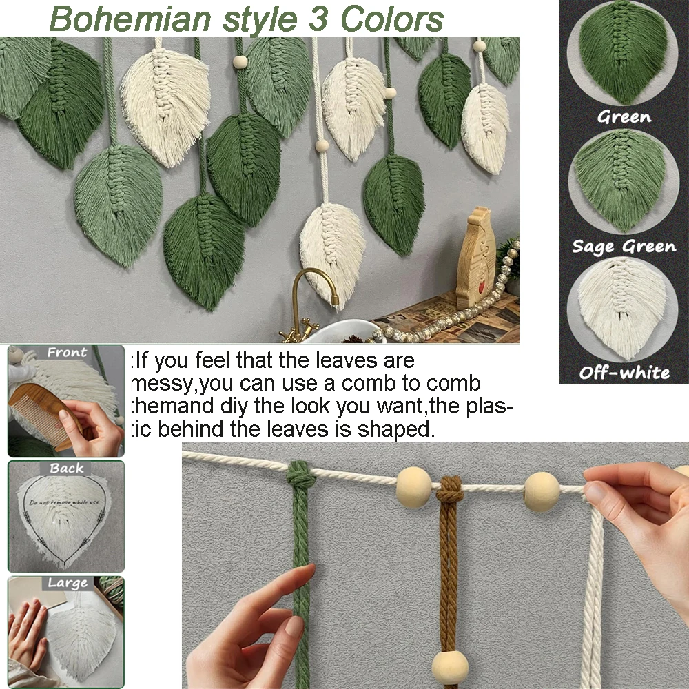 120x75cm Bohemian Wall Hanging Leaves Tassels Tapestry Panel Macrame Green Leaf Chic Home Decor Ornaments Bedroom Christmas Gift