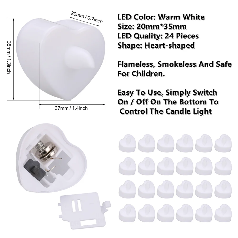 24Pcs Flameless Led Candle For Home Christmas Party Wedding Decoration Heart-shaped Electronic Battery-Power Tealight Candles