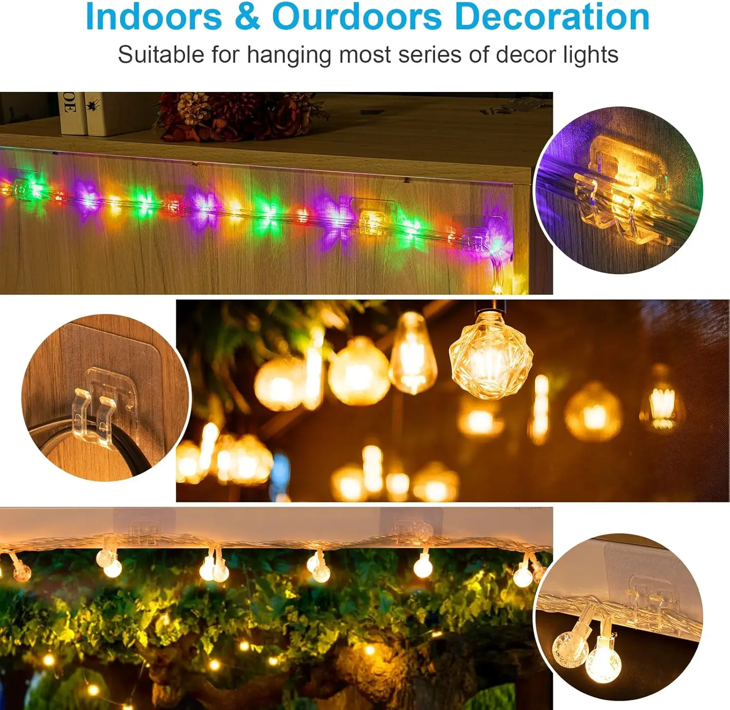 100 PCS Hooks for Outdoor String Lights Clips,Heavy Duty Cable Clips Hooks for Hanging Christmas Lights With Waterproof Adhesive