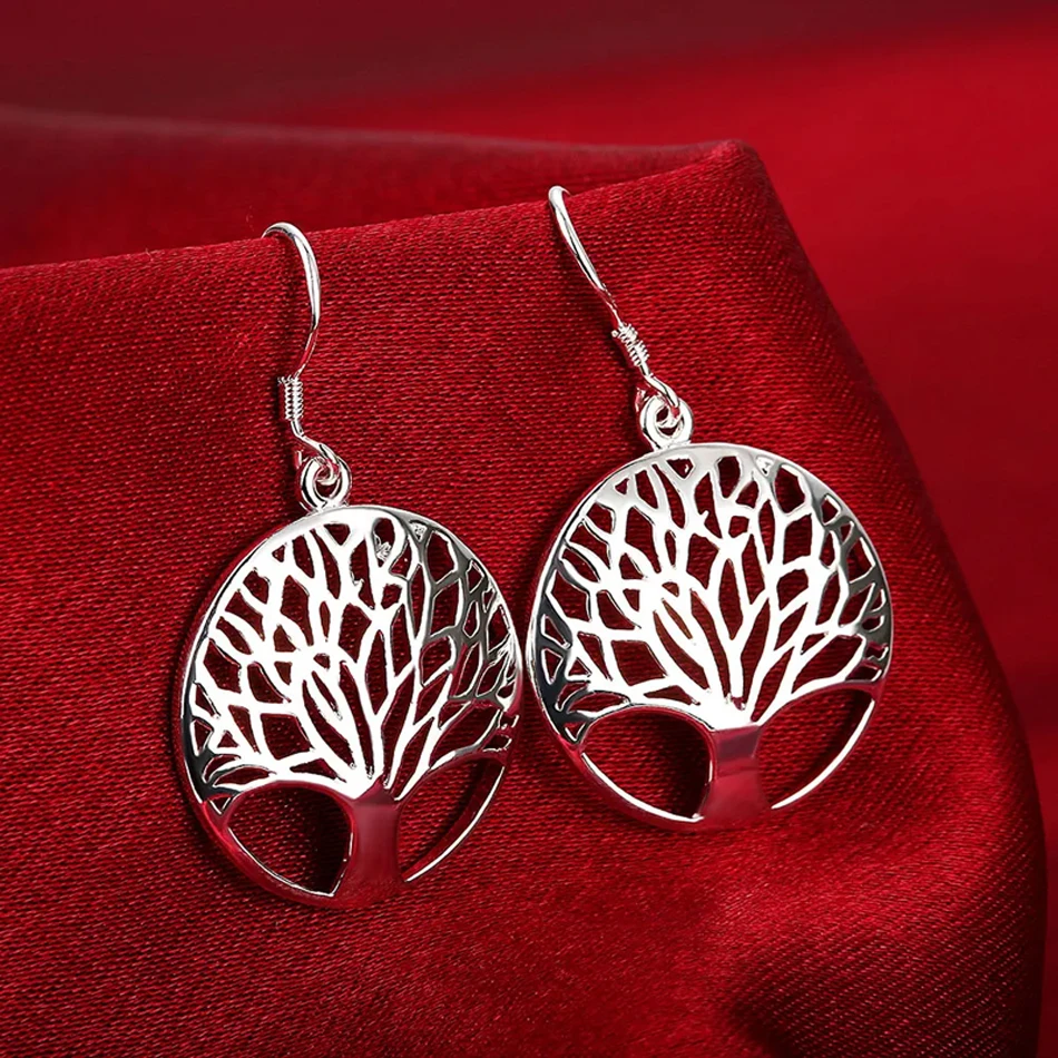 New 925 Sterling Silver Earrings for Women high quality Jewelry Hollow Carved Round tree Christmas Gifts