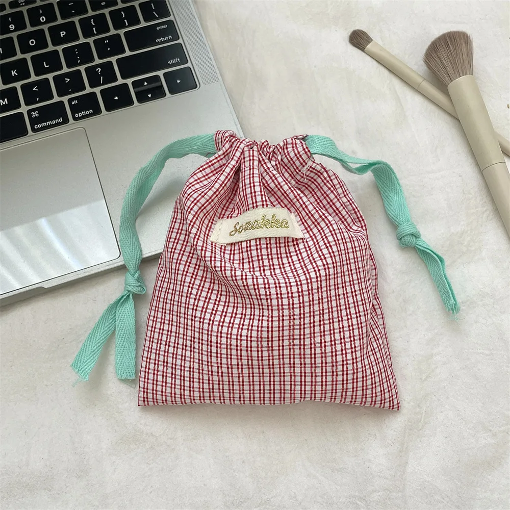 New Plaid Storage Drawstring Bag Women Cosmetics Lipstick Storage Pouch Cute Makeup Bag Christmas Gift Candy Jewelry Organizer
