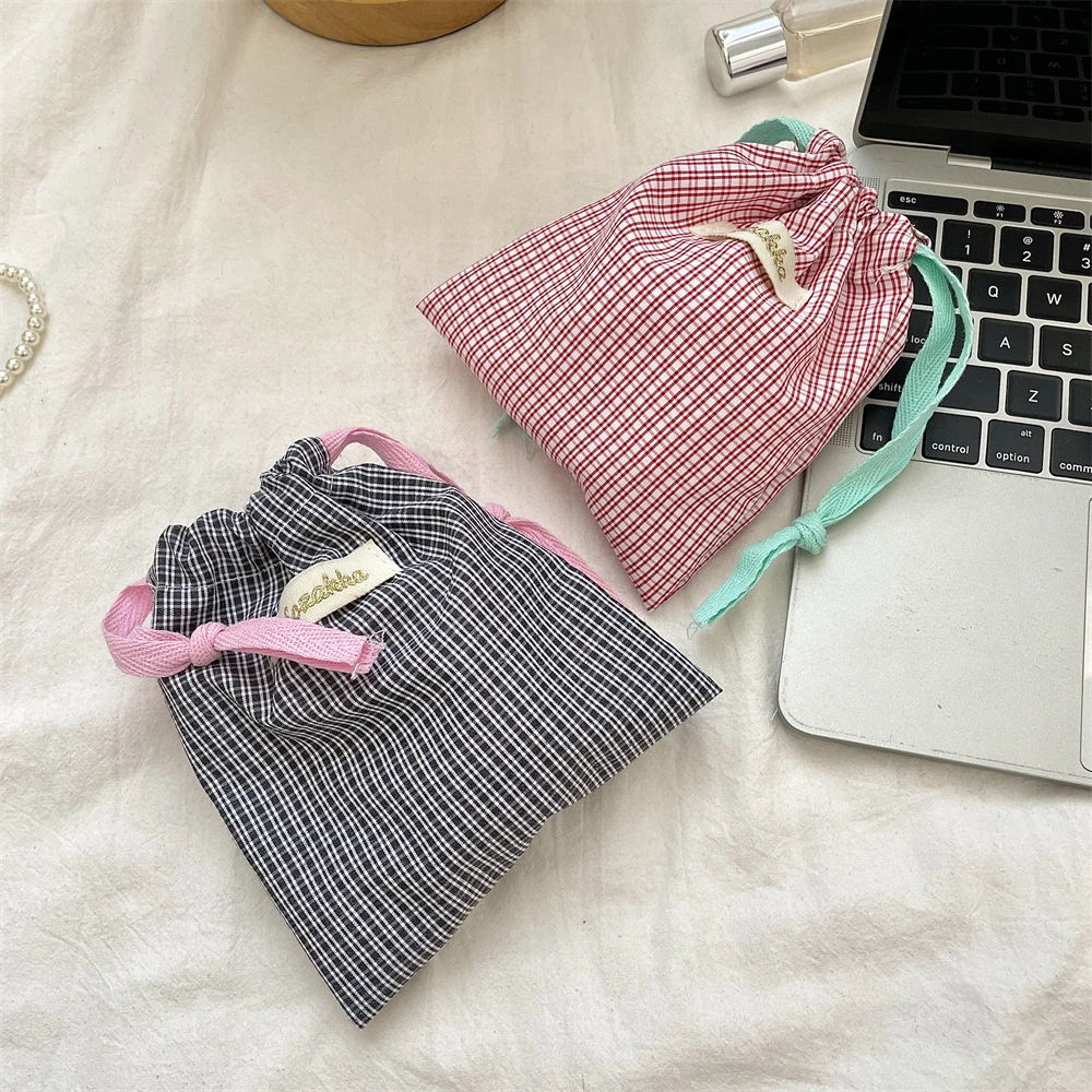 New Plaid Storage Drawstring Bag Women Cosmetics Lipstick Storage Pouch Cute Makeup Bag Christmas Gift Candy Jewelry Organizer