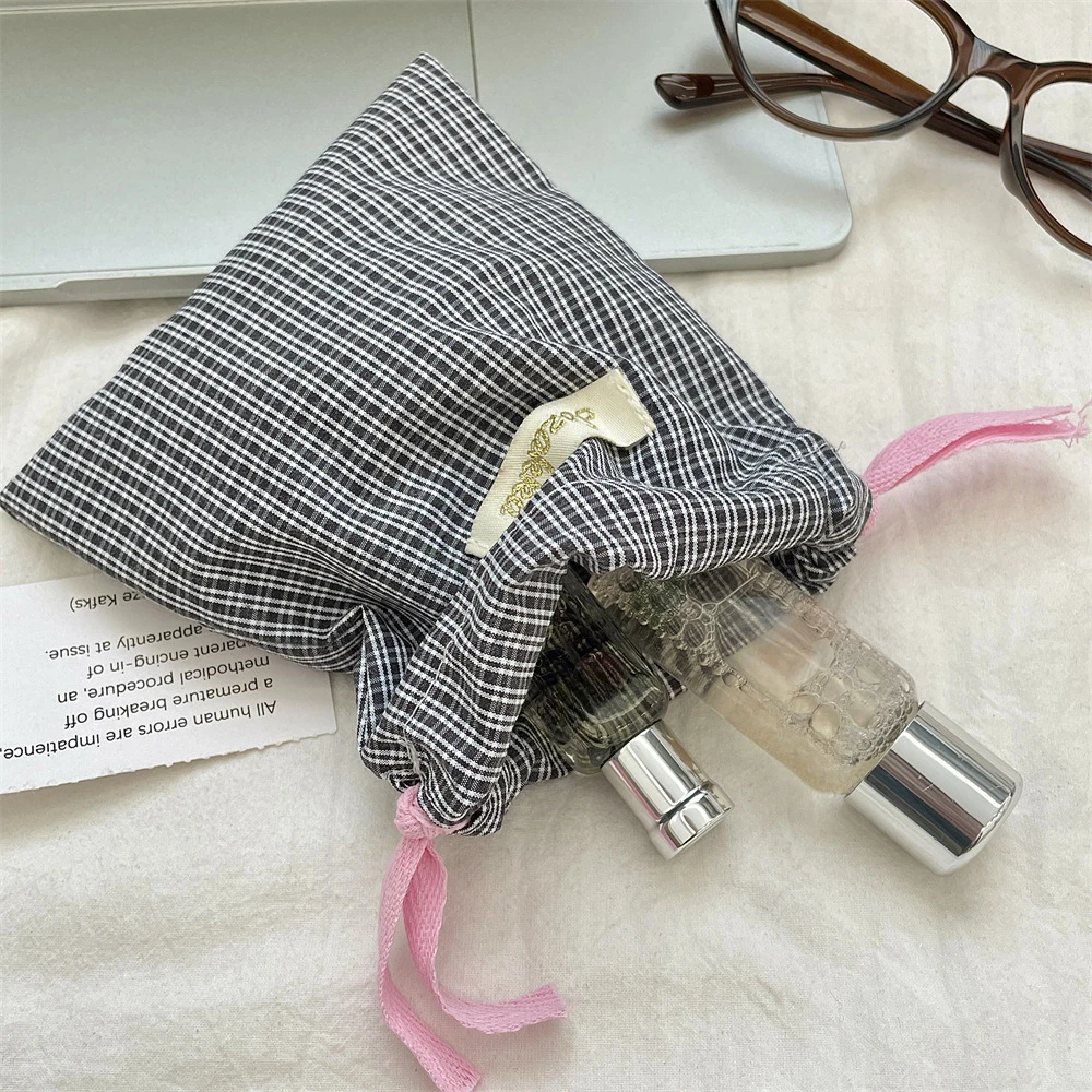 New Plaid Storage Drawstring Bag Women Cosmetics Lipstick Storage Pouch Cute Makeup Bag Christmas Gift Candy Jewelry Organizer