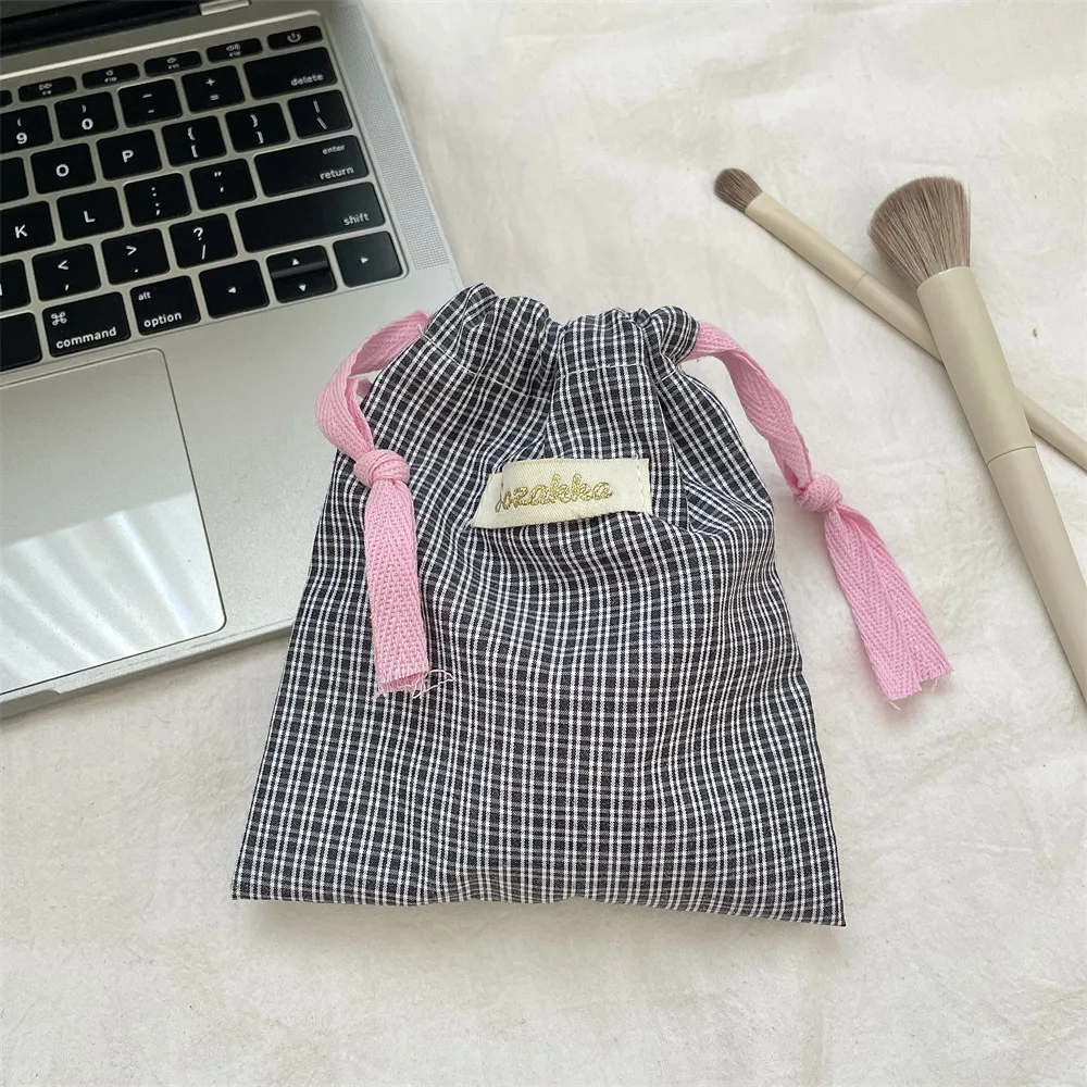 New Plaid Storage Drawstring Bag Women Cosmetics Lipstick Storage Pouch Cute Makeup Bag Christmas Gift Candy Jewelry Organizer