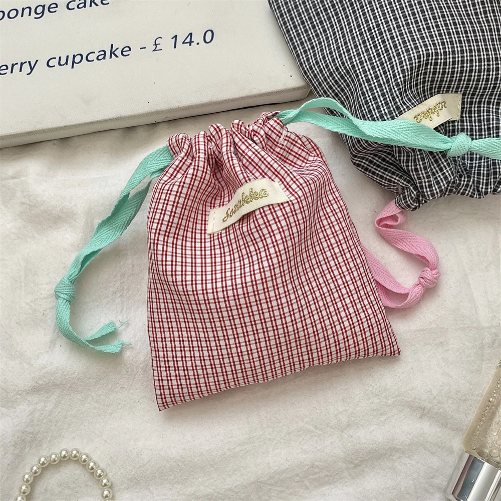 New Plaid Storage Drawstring Bag Women Cosmetics Lipstick Storage Pouch Cute Makeup Bag Christmas Gift Candy Jewelry Organizer