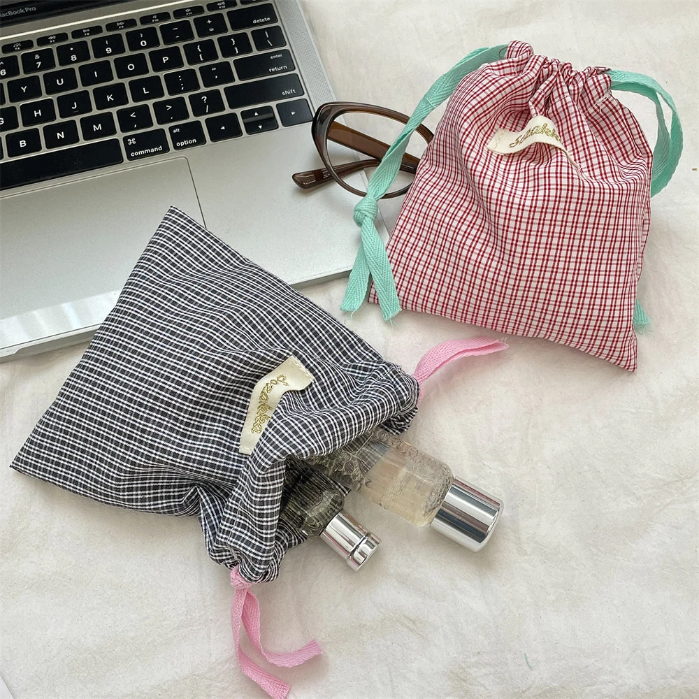 New Plaid Storage Drawstring Bag Women Cosmetics Lipstick Storage Pouch Cute Makeup Bag Christmas Gift Candy Jewelry Organizer