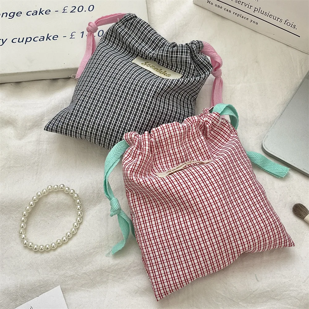 New Plaid Storage Drawstring Bag Women Cosmetics Lipstick Storage Pouch Cute Makeup Bag Christmas Gift Candy Jewelry Organizer