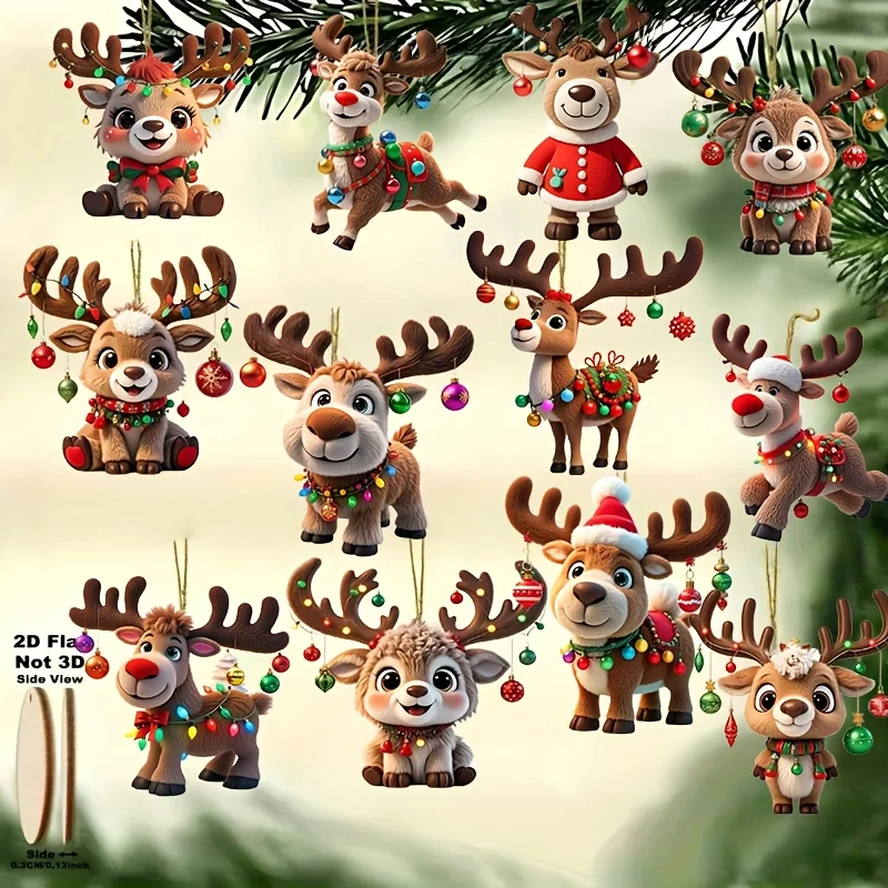 12pcs Christmas Elk 2D Wooden Pendant Christmas Party Decoration Set for Xmas Tree Ornament Perfect Indoor Xmas Celebration Gift
