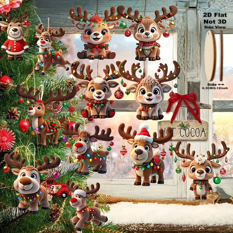 12pcs Christmas Elk 2D Wooden Pendant Christmas Party Decoration Set for Xmas Tree Ornament Perfect Indoor Xmas Celebration Gift