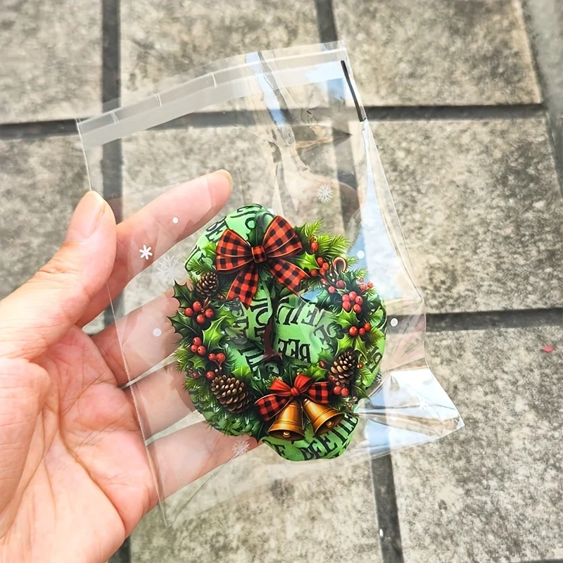 50/100pcs Christmas Gift Wrapping Bags with Snowflake, Santa Claus, Reindeer, and Holly Print Self-Adhesive Packaging Bags