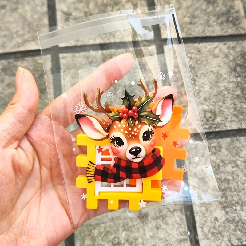 50/100pcs Christmas Gift Wrapping Bags with Snowflake, Santa Claus, Reindeer, and Holly Print Self-Adhesive Packaging Bags
