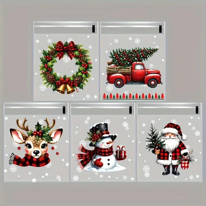 50/100pcs Christmas Gift Wrapping Bags with Snowflake, Santa Claus, Reindeer, and Holly Print Self-Adhesive Packaging Bags