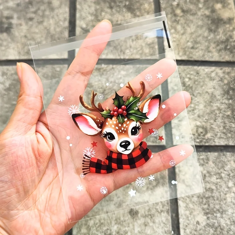 50/100pcs Christmas Gift Wrapping Bags with Snowflake, Santa Claus, Reindeer, and Holly Print Self-Adhesive Packaging Bags