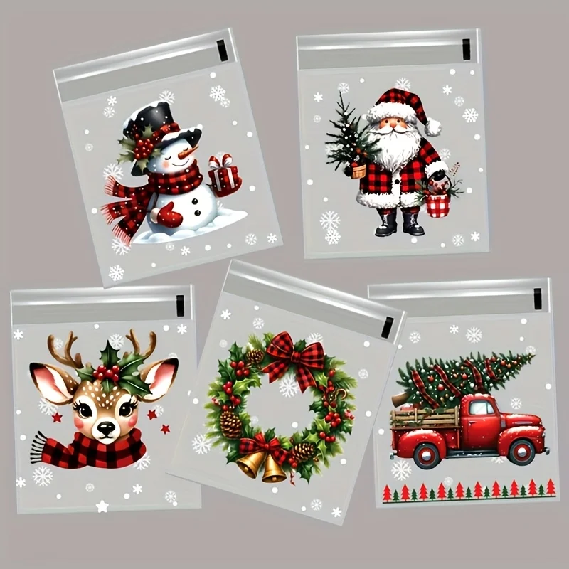 50/100pcs Christmas Gift Wrapping Bags with Snowflake, Santa Claus, Reindeer, and Holly Print Self-Adhesive Packaging Bags