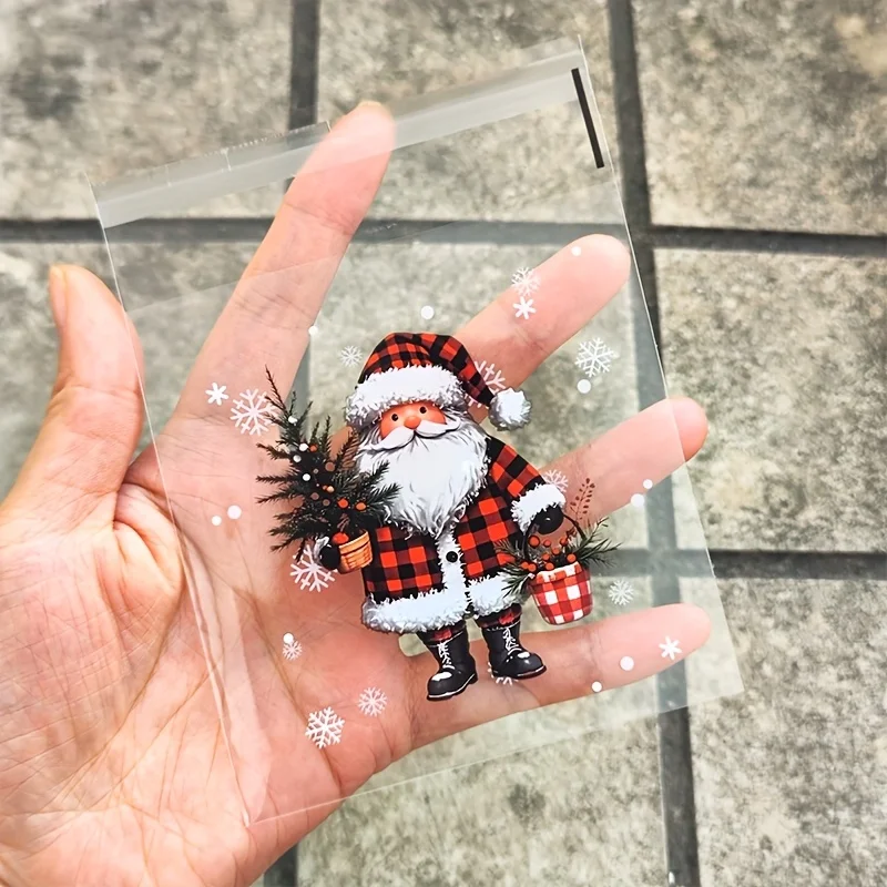 50/100pcs Christmas Gift Wrapping Bags with Snowflake, Santa Claus, Reindeer, and Holly Print Self-Adhesive Packaging Bags