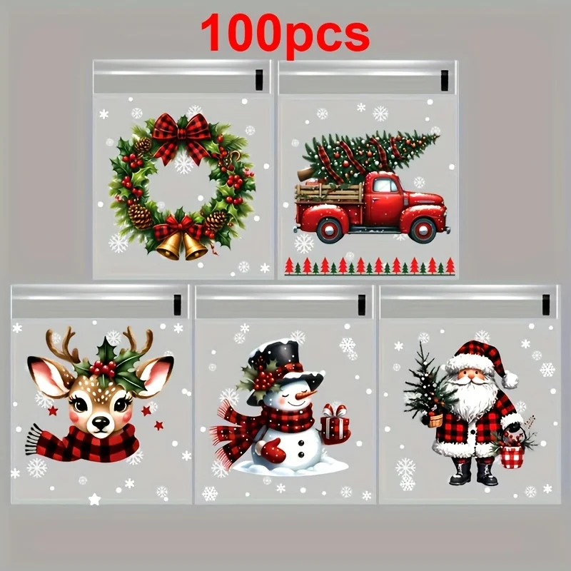 50/100pcs Christmas Gift Wrapping Bags with Snowflake, Santa Claus, Reindeer, and Holly Print Self-Adhesive Packaging Bags