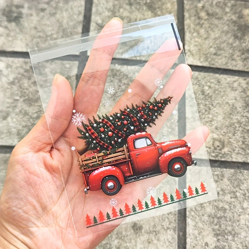 50/100pcs Christmas Gift Wrapping Bags with Snowflake, Santa Claus, Reindeer, and Holly Print Self-Adhesive Packaging Bags