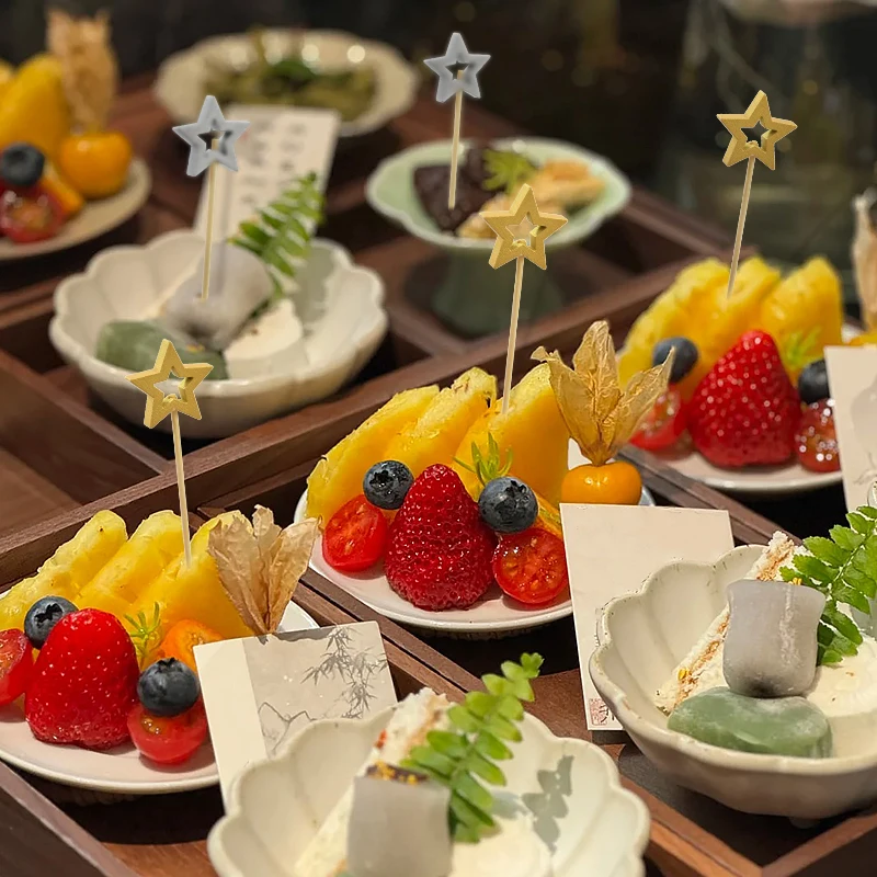 50Pcs Hollow Star Bamboo Skewers Fruit Stick Cake Insertion Stick Birthday Wedding Party Decorations Christmas Navidad New Year