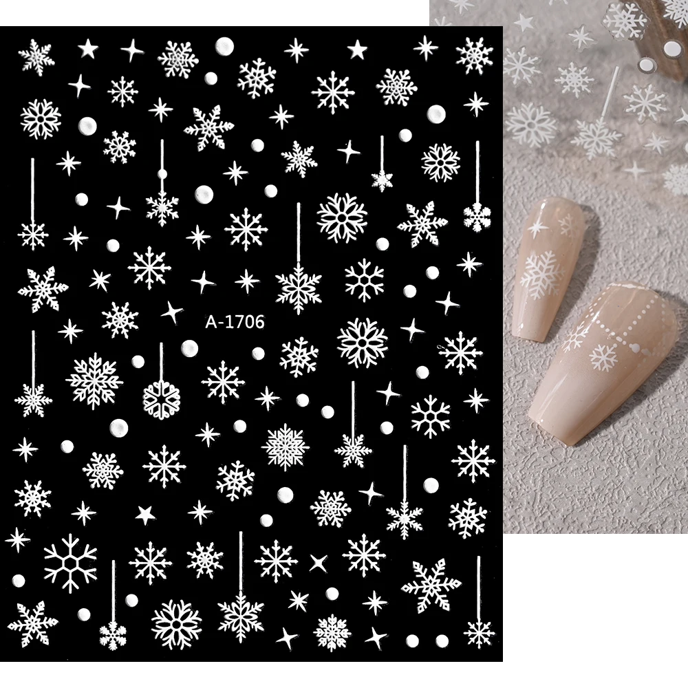 1sheet 3D White Snowflakes Nail Stickers for Christmas Winter Snow Flower Self-adhesive Nail Art Decals DIY Manicure Decorations