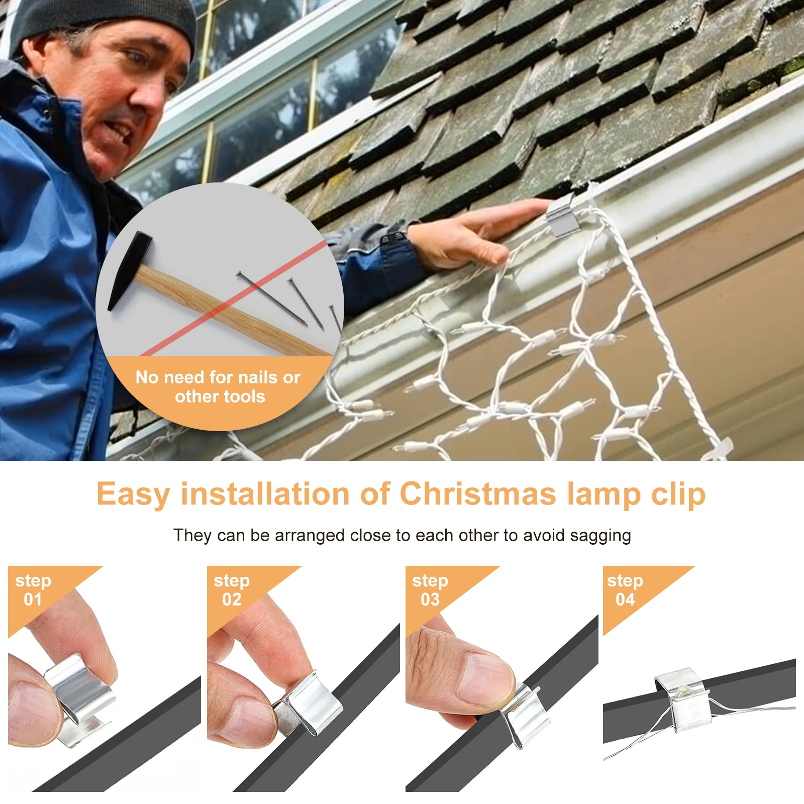 50/100Pcs Holiday Lights Roof Hooks Gutter Clips Christmas Lights Gutter Stainless Steel Hooks for Hanging Outdoor String Light