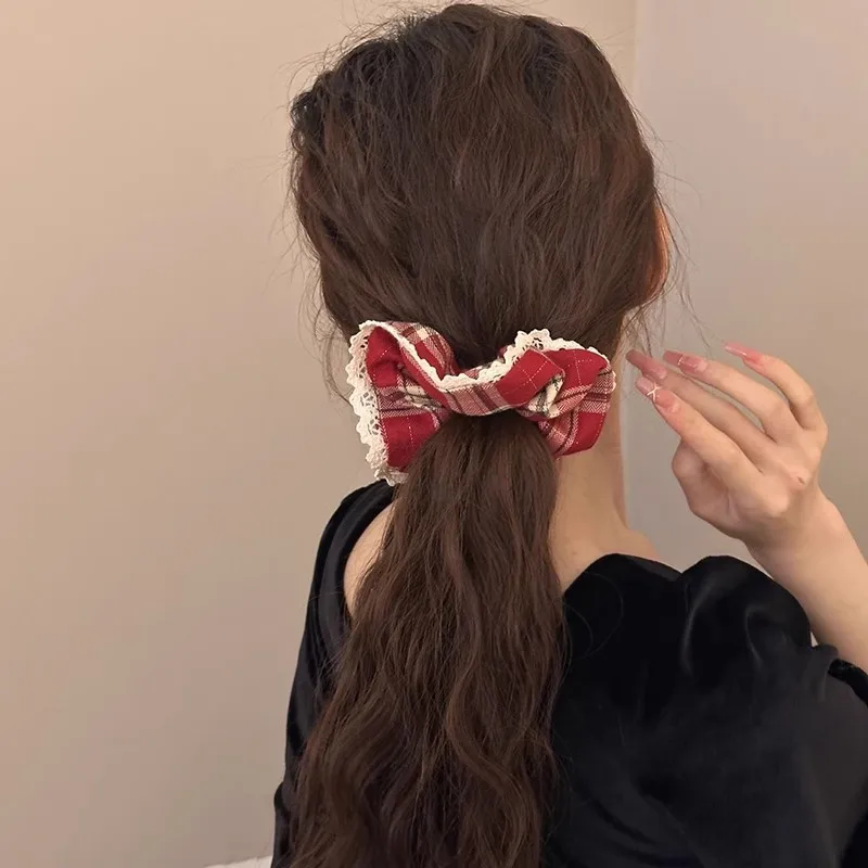 Red Lace Check Large Scrunchie Women's Superior New Year's Christmas Vibe Korean Scrunchie Headwear Hair Accessories for Girls