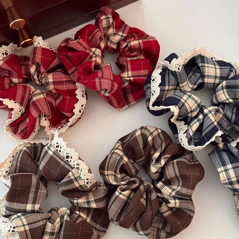 Red Lace Check Large Scrunchie Women's Superior New Year's Christmas Vibe Korean Scrunchie Headwear Hair Accessories for Girls
