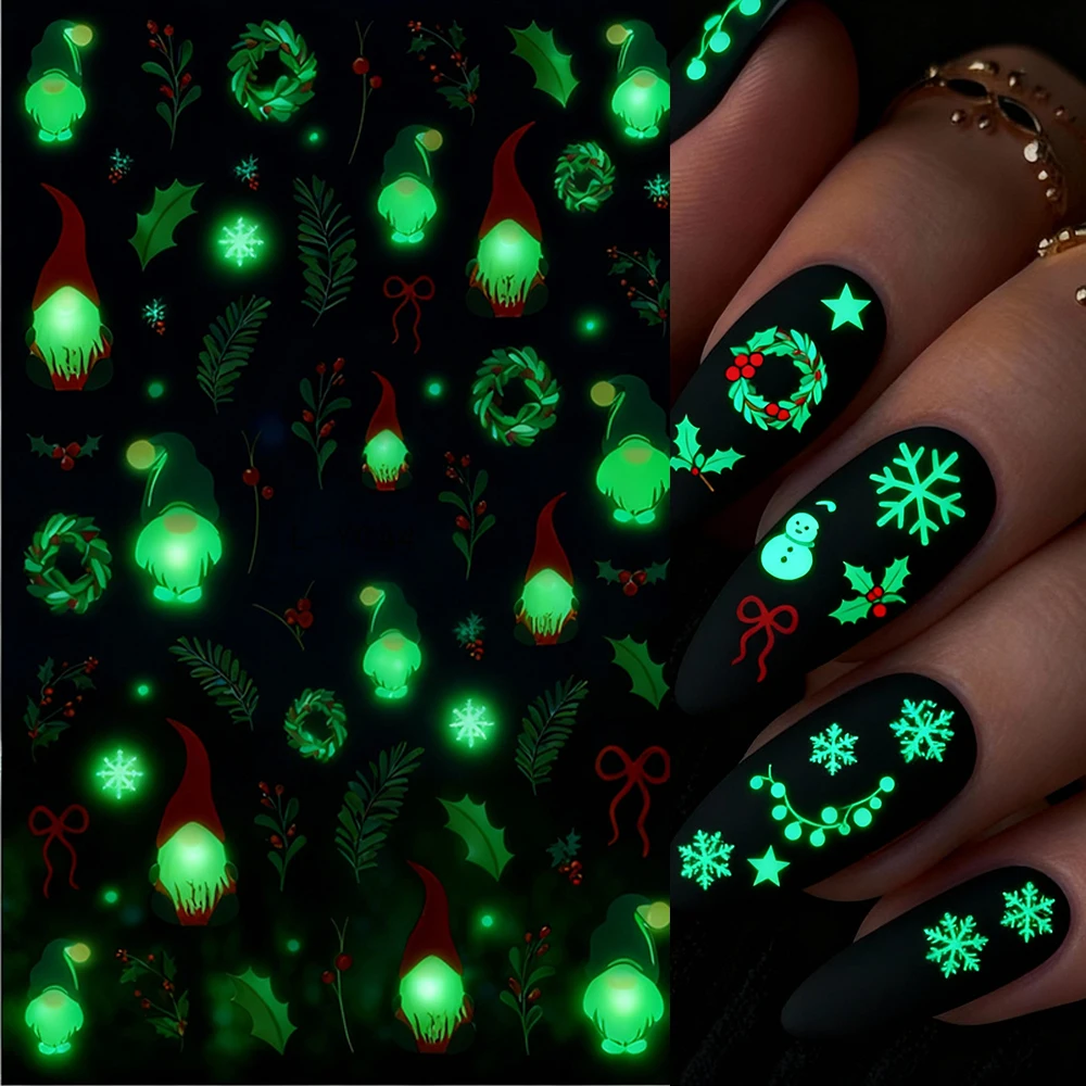 1Pcs Luminous Christmas Nail Stickers,3D Light Bulb Snowflake Tree Noctilucent Nail Art Decals Winter Holiday Manicure Decor