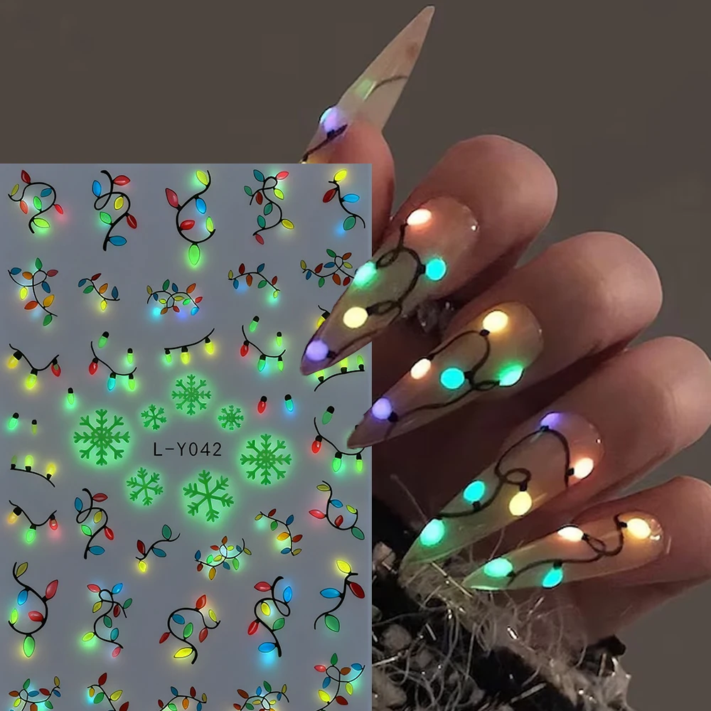 1Pcs Luminous Christmas Nail Stickers,3D Light Bulb Snowflake Tree Noctilucent Nail Art Decals Winter Holiday Manicure Decor