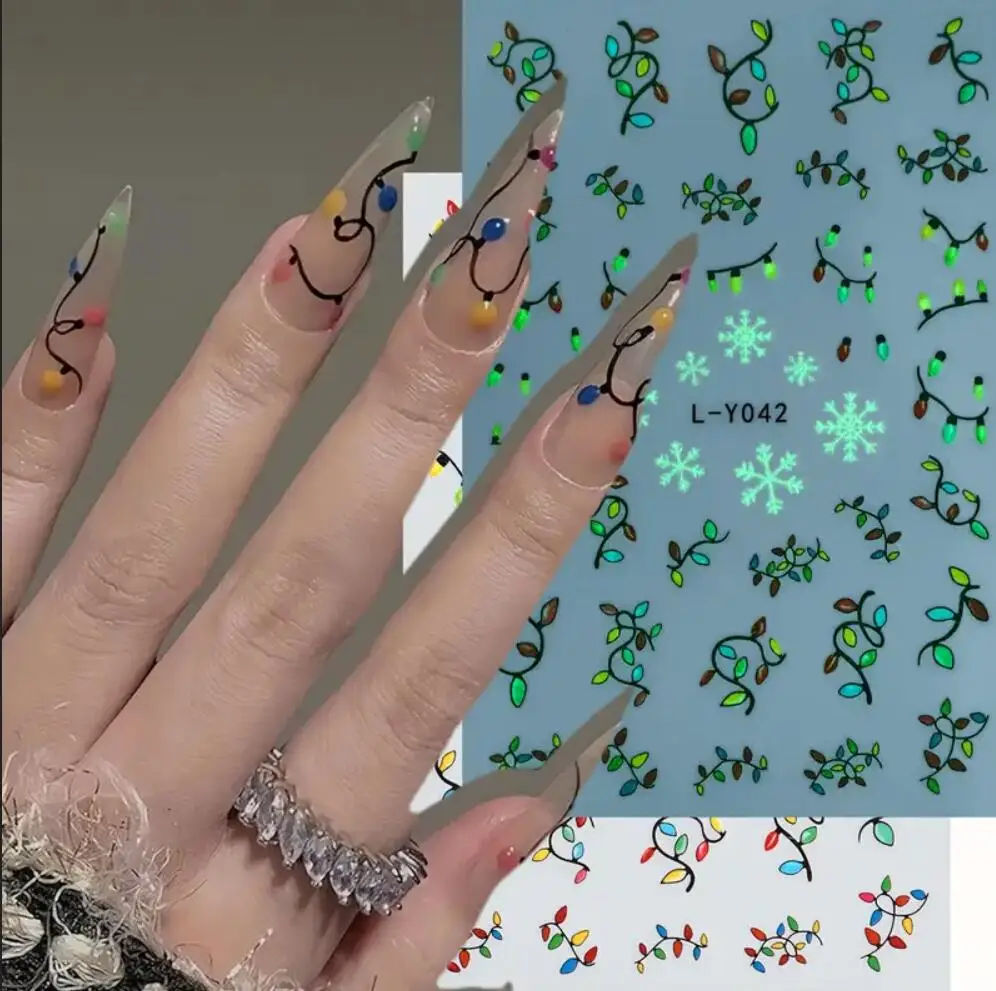 1Pcs Luminous Christmas Nail Stickers,3D Light Bulb Snowflake Tree Noctilucent Nail Art Decals Winter Holiday Manicure Decor