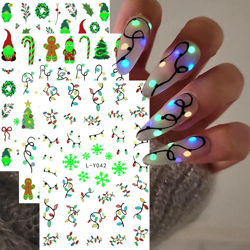 1Pcs Luminous Christmas Nail Stickers,3D Light Bulb Snowflake Tree Noctilucent Nail Art Decals Winter Holiday Manicure Decor