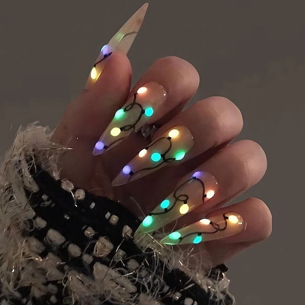 1Pcs Luminous Christmas Nail Stickers,3D Light Bulb Snowflake Tree Noctilucent Nail Art Decals Winter Holiday Manicure Decor