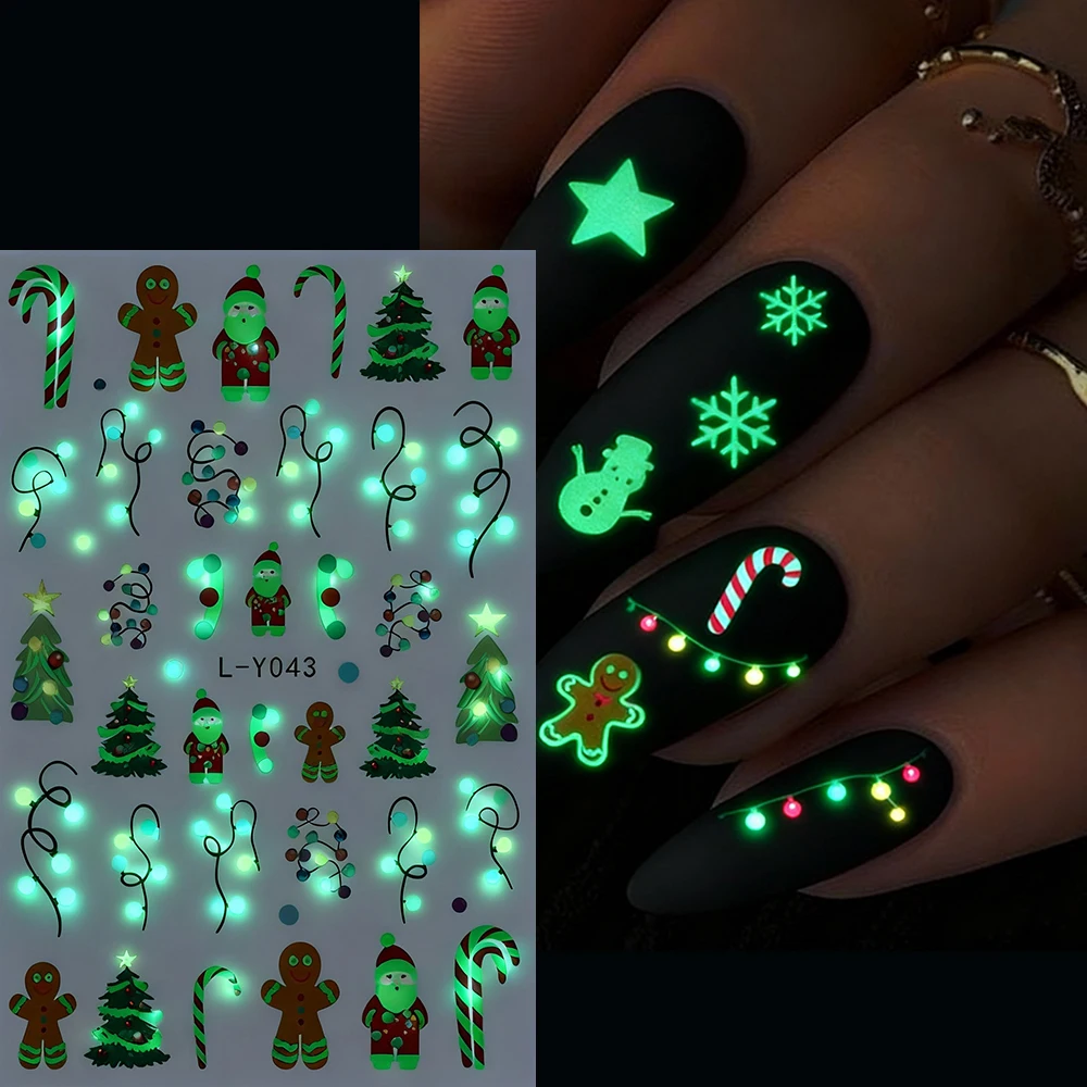 1Pcs Luminous Christmas Nail Stickers,3D Light Bulb Snowflake Tree Noctilucent Nail Art Decals Winter Holiday Manicure Decor