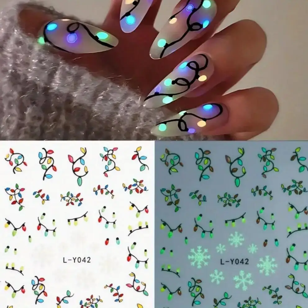 1Pcs Luminous Christmas Nail Stickers,3D Light Bulb Snowflake Tree Noctilucent Nail Art Decals Winter Holiday Manicure Decor