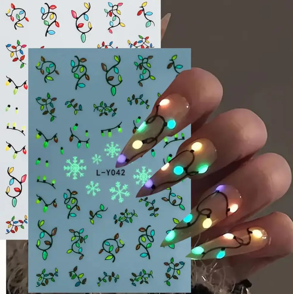 1Pcs Luminous Christmas Nail Stickers,3D Light Bulb Snowflake Tree Noctilucent Nail Art Decals Winter Holiday Manicure Decor
