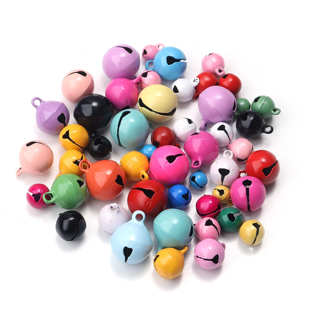 50pcs/lot Metal Jingle Bells 6/8/10/12/14mm Candy Color Christmas Bells Beads Ornaments For DIY Party Decorations Accessories