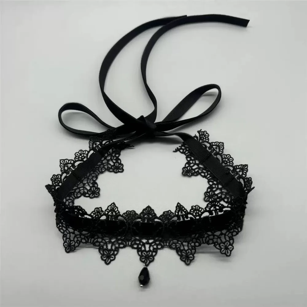 Charm Retro Black Lace Wine Red Velvet Tie Choker Black Teardrop Tassel Necklace for Women Christmas Neck Ornaments Jewelry Gift