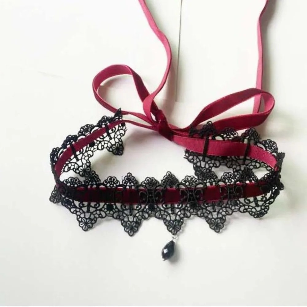 Charm Retro Black Lace Wine Red Velvet Tie Choker Black Teardrop Tassel Necklace for Women Christmas Neck Ornaments Jewelry Gift