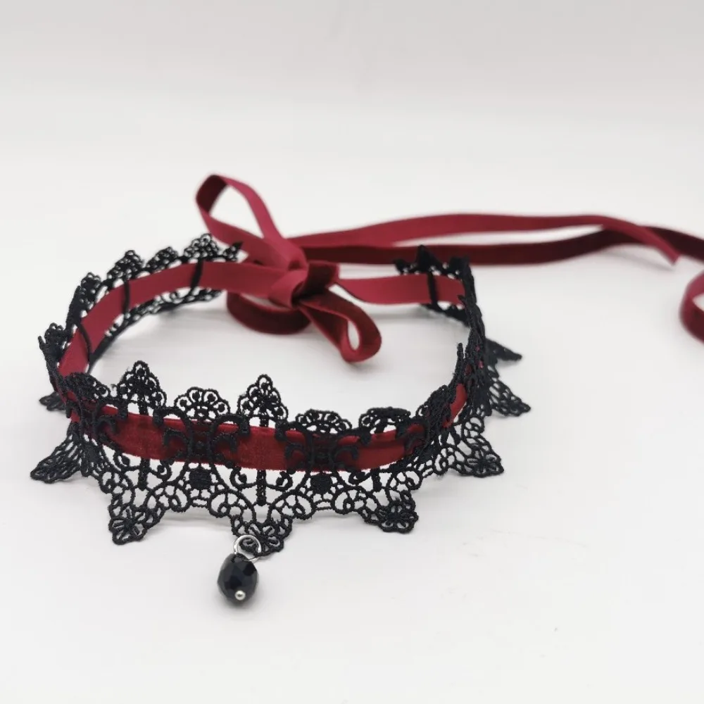 Charm Retro Black Lace Wine Red Velvet Tie Choker Black Teardrop Tassel Necklace for Women Christmas Neck Ornaments Jewelry Gift