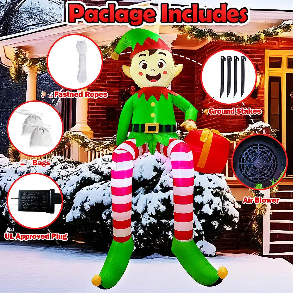 Christmas Inflatable Climbing Window Santa Claus/Sitting Elf Model with LED Lights, For Xmas Party Indoor Gift Decoration Props