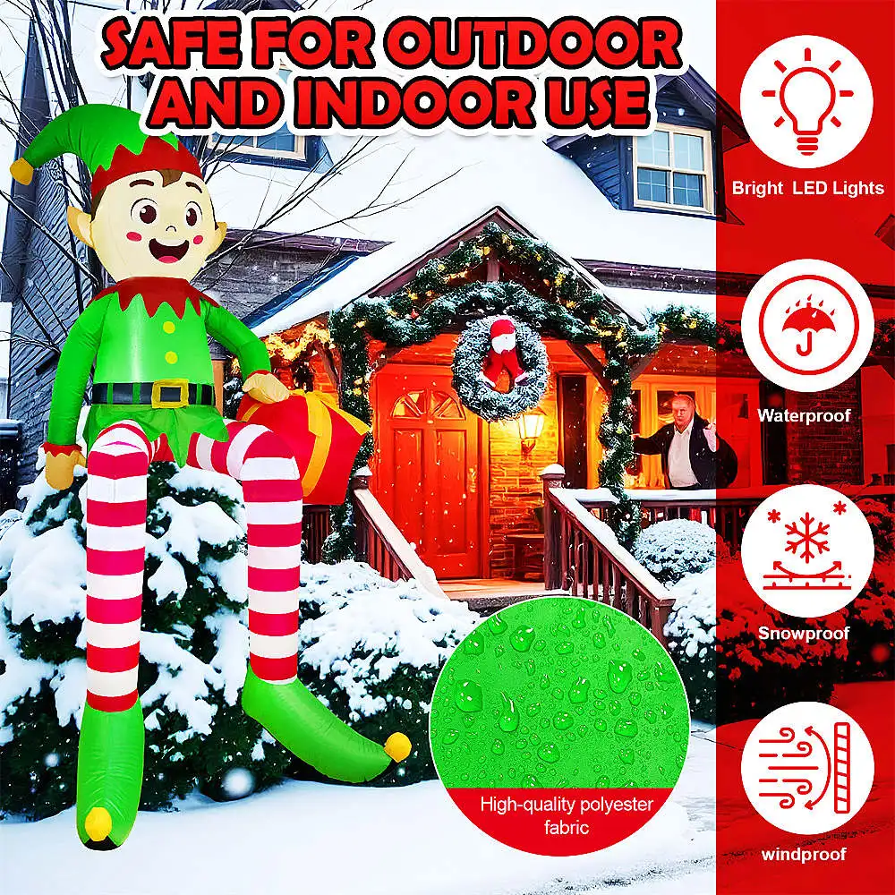 Christmas Inflatable Climbing Window Santa Claus/Sitting Elf Model with LED Lights, For Xmas Party Indoor Gift Decoration Props