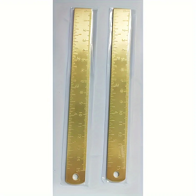 2pcs/1pc 6In Brass Ruler, 1mm Thick Dual-Scale English &Metric with Engraved Markings, Handle & Hole for Hanging, Christmas Gift