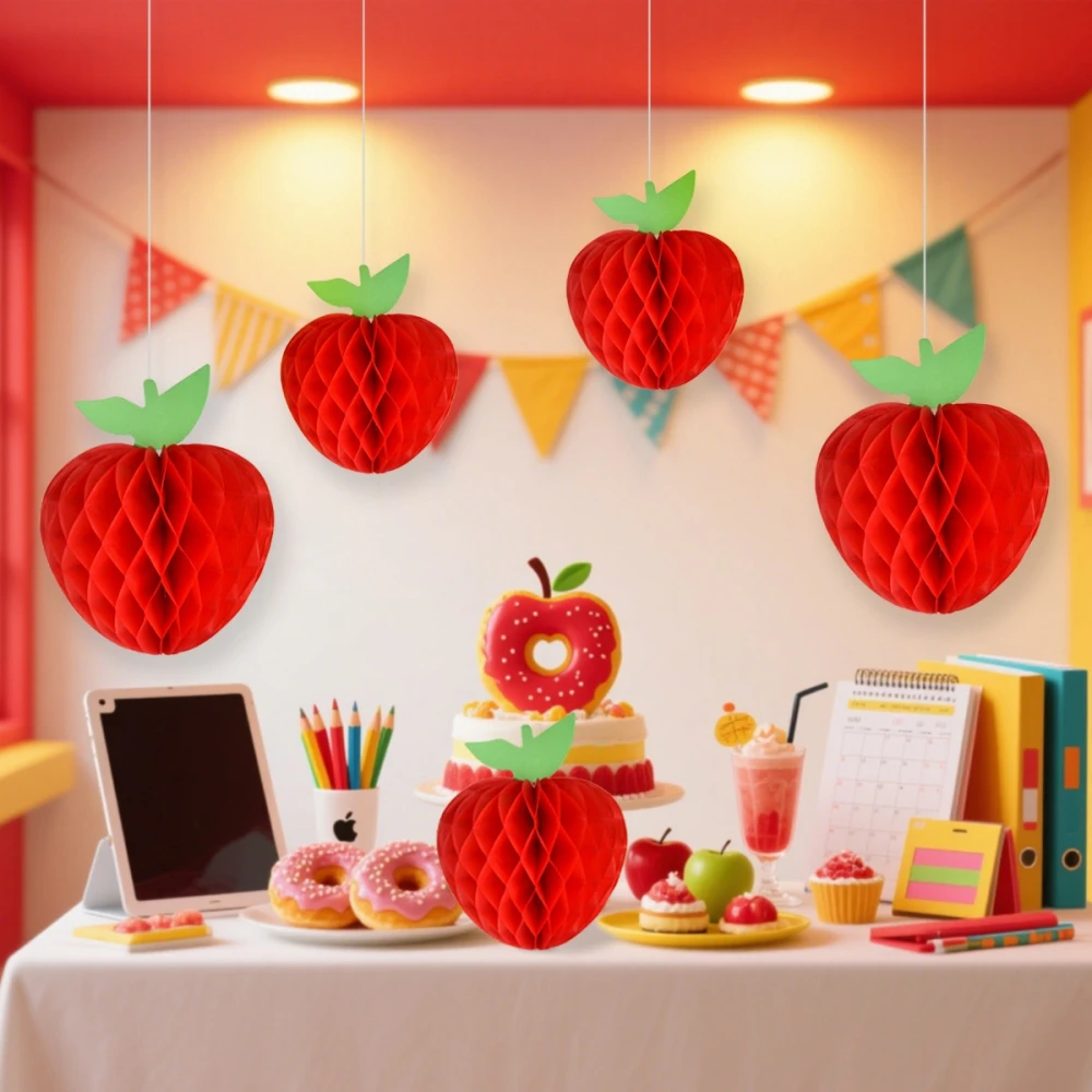 6Pcs10-20cm Red Apple Honeycomb Hanging Ornament for Birthday Back To School Carnival Christmas New Year Family Party Decoration