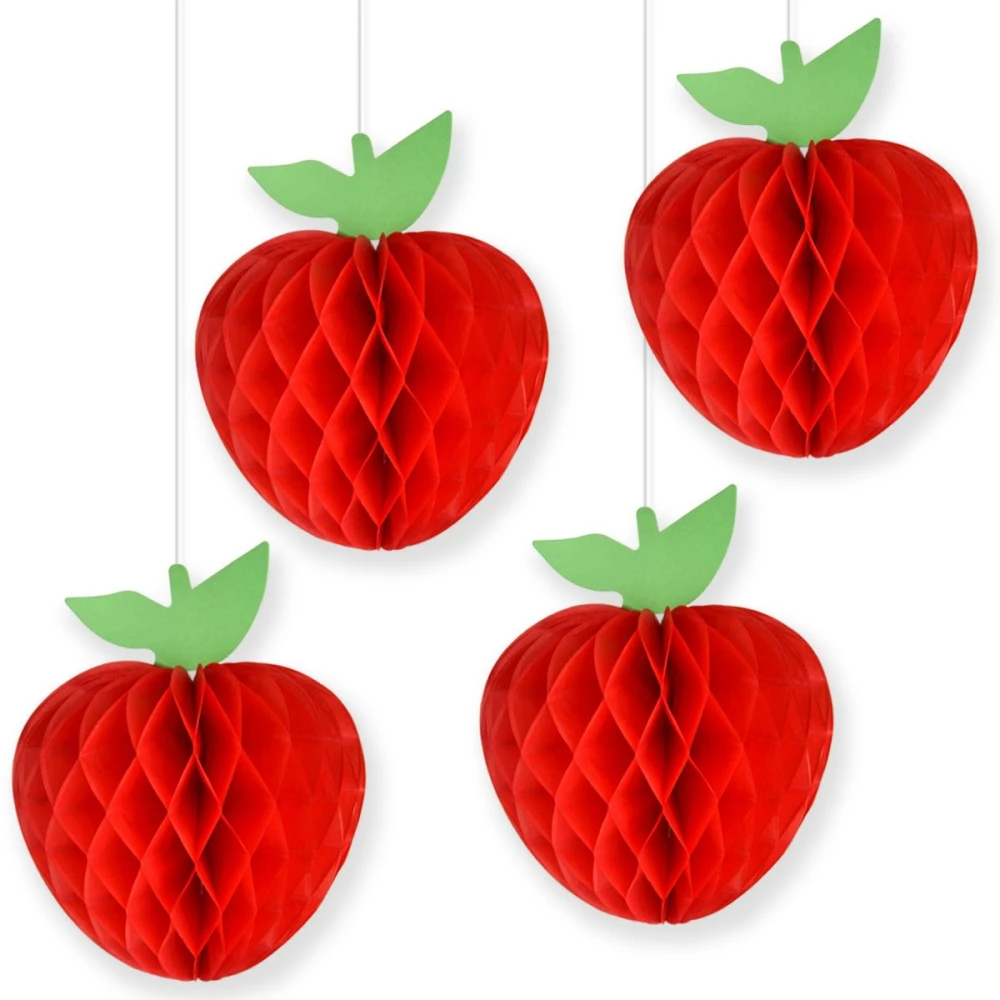 6Pcs10-20cm Red Apple Honeycomb Hanging Ornament for Birthday Back To School Carnival Christmas New Year Family Party Decoration