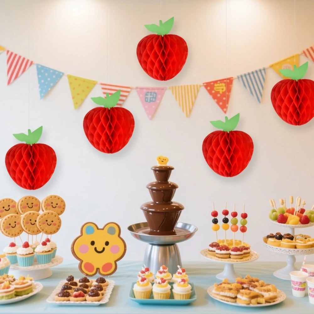 6Pcs10-20cm Red Apple Honeycomb Hanging Ornament for Birthday Back To School Carnival Christmas New Year Family Party Decoration