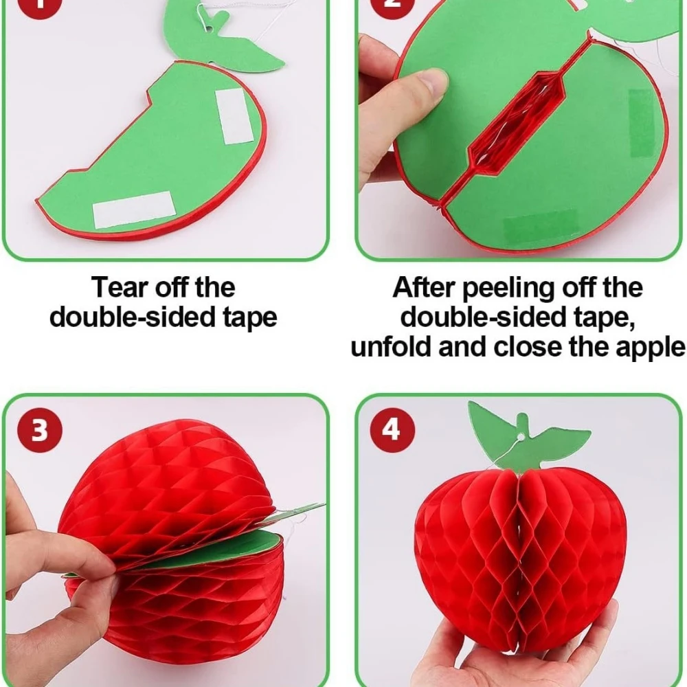 6Pcs10-20cm Red Apple Honeycomb Hanging Ornament for Birthday Back To School Carnival Christmas New Year Family Party Decoration