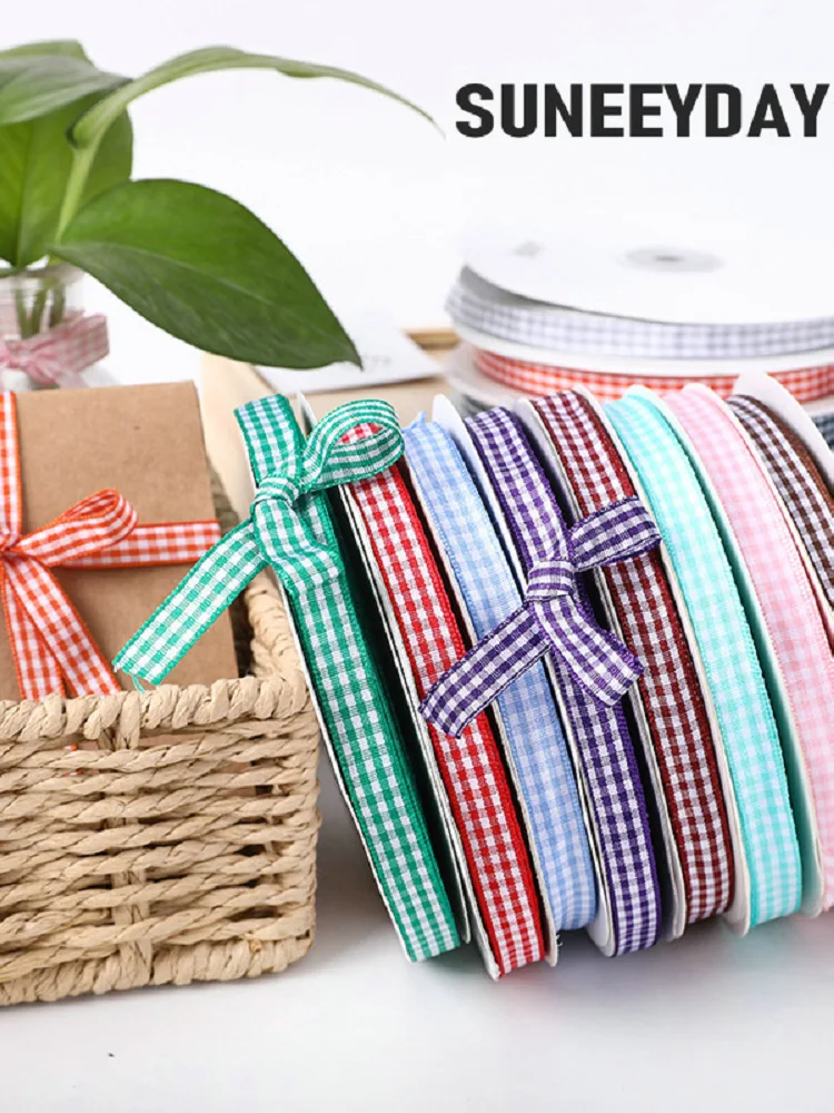 50 Yards 10mm Gingham Ribbons for Wedding Christmas Party Decorations Gifts Wrapping DIY Crafts Bow Hair Plaid Ribbon Packaging