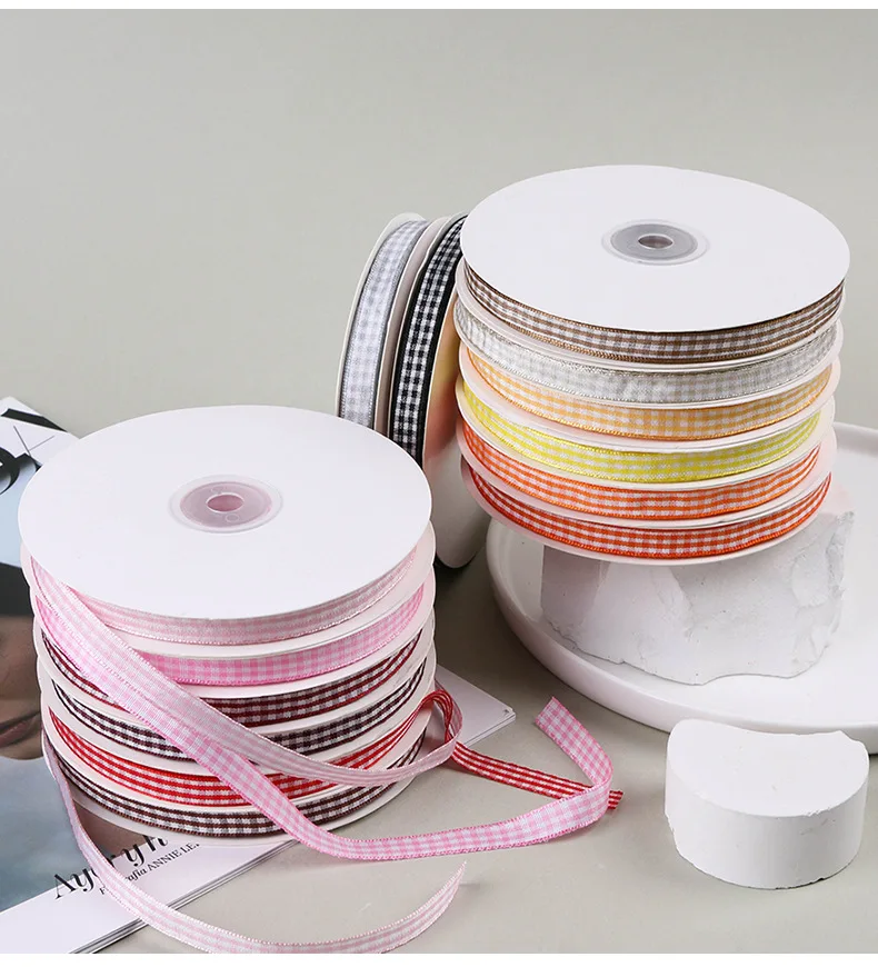 50 Yards 10mm Gingham Ribbons for Wedding Christmas Party Decorations Gifts Wrapping DIY Crafts Bow Hair Plaid Ribbon Packaging