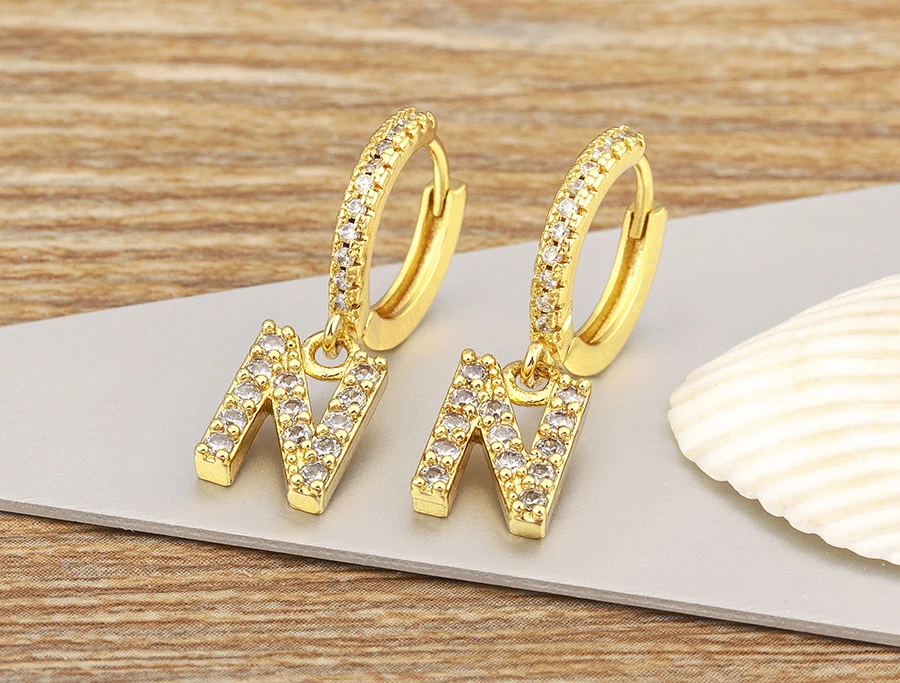 Nidin Hot Sale Initial A-Z Letters Mini Small Hoop Earrings Gold Color Zircon Jewelry Alphabet Fashion Christmas New Year Gift