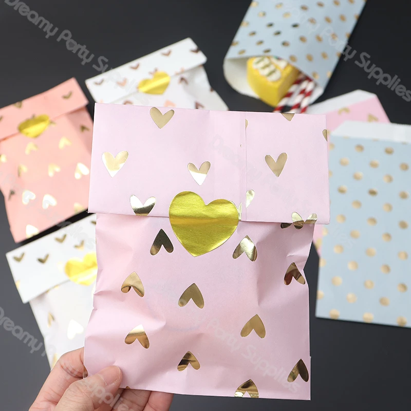 12pcs Thicken Gift Paper Bag Dot Stickers Toffee Sweets Cookies Heart Kraft Paper Bag Christmas Party Craft Bags Pouch Birthday